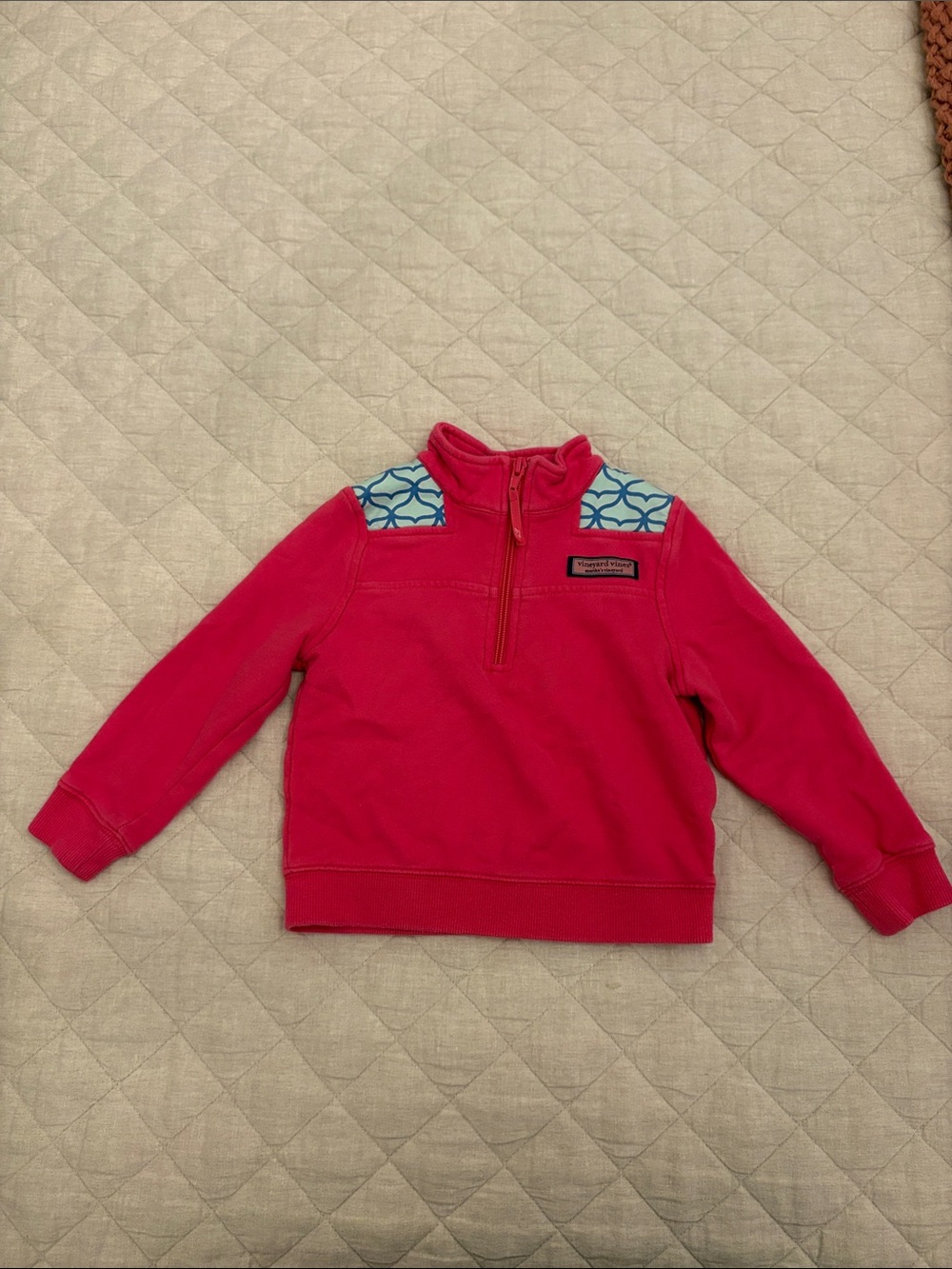 Vineyard Vines Pink Quarter-Zip Sweatshirt with Blue Patterned Shoulder Panels
